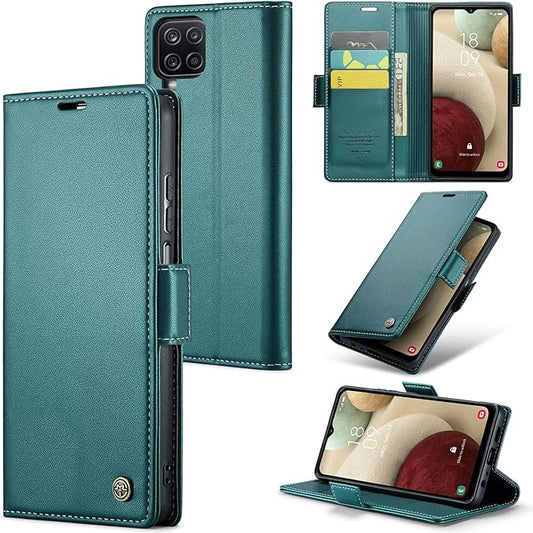 for Samsung Galaxy A12 5G Case, Premium PU Leather Wallet Case Flip Cover with [RFID Blocking][Card Holder][Stand Function] Shockproof Protective for Samsung Galaxy A12, Blue-Green