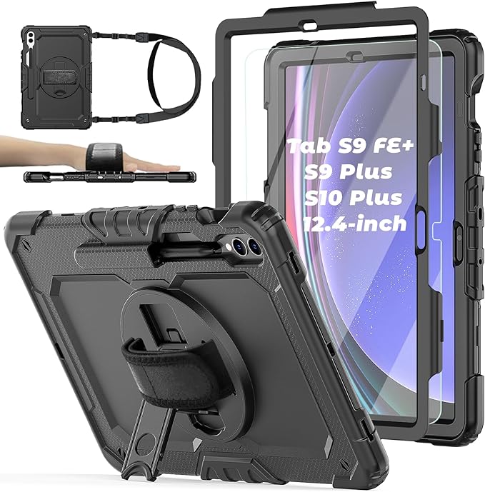 Case for Samsung Galaxy Tab S10 Plus/ S9 FE Plus/ S9 Plus 5G Tablet 12.4'', Shockproof Protective Cover with [Tempered Glass Screen Protector], Stand, Shoulder Strap & S Pen Holder (Black)