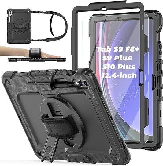 Case for Samsung Galaxy Tab S10 Plus/ S9 FE Plus/ S9 Plus 5G Tablet Case 12.4 inch [with Tempered Glass Screen Protector], Rotatable Kickstand, S Pen Holder, Hand/Shoulder Strap (Black)