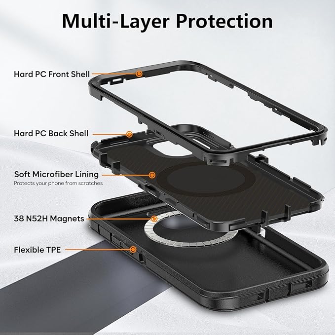 for iPhone 12 & 12 Pro Case with Belt Clip Holster, Anti-Shock, Anti-Slip, Compatible with MagSafe, 3-Layer Drop Protection, Heavy Duty Magnetic Phone Case Cover 12 6.1", Black