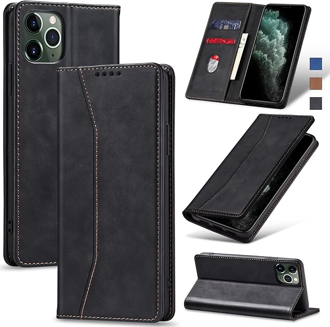 Jasonyu Flip Wallet Case for iPhone 11 Pro,Leather Magnetic Folio Cover with Card Holder,Kickstand - TPU Shockproof Durable Protective Phone Case,Black