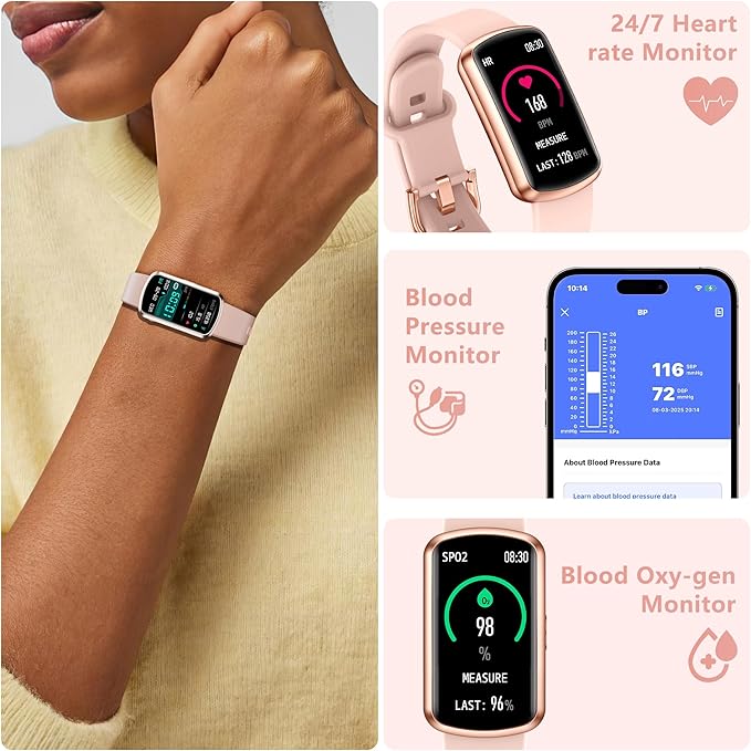 Health Fitness Tracker, Smart Watch with 24/7 Heart Rate and Blood Pressure Monitor, Activity Tracker with Blood Oxygen, 120 Sport Mode Waterproof Sleep Tracker for Women Men (Pink)