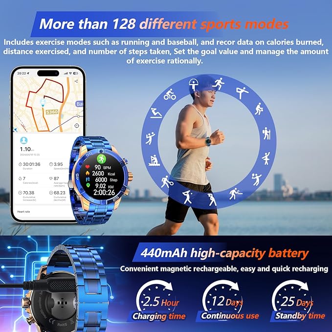 Smartwatch for Men 1.53-Inch Luxury Business Sports & Fitness Men's Watch, IP67 Water Resistant, 440mAh Extended Standby, Multi-Sport Mode and Monitor, Supports IOS 8.0 and Android 4.4 (Steel Blue)