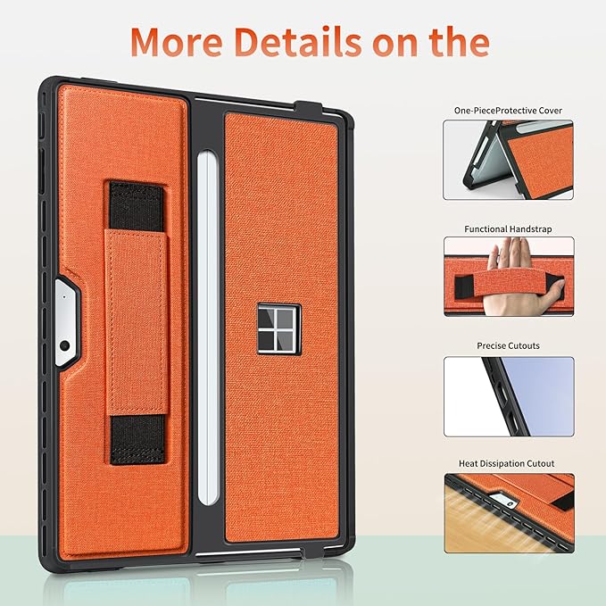 Case fit Microsoft Surface Pro 11/10/9/8 13-Inch, with Stent Cover, Hand Strap, All-in-one Rugged Case Compatible with Type Cover Keyboards, Orange