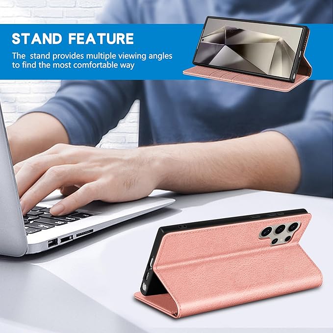 ZZXX for Samsung Galaxy S25 Ultra Wallet Case with [RFID Blocking] Card Slot Stand Strong Magnetic Leather Flip Fold Protective Phone Case for Samsung Galaxy S25 Ultra Case Wallet(Rose Gold-6.8 inch)