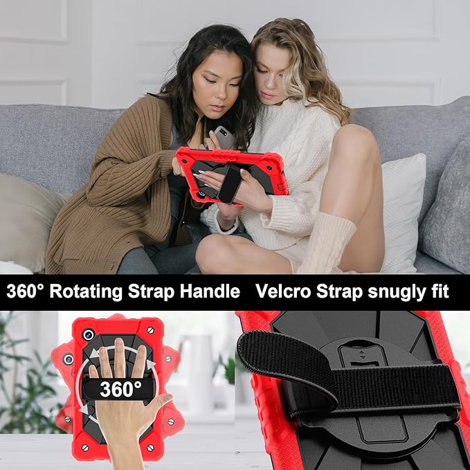 for Samsung Galaxy Tab A9 Case 8.7 inch (SM-X110/X115/X117), Heavy Duty Shockproof Silicone Cover Rugged 360 Stand Hand Shoulder Strap for Galaxy A9 Tablet Red+Black