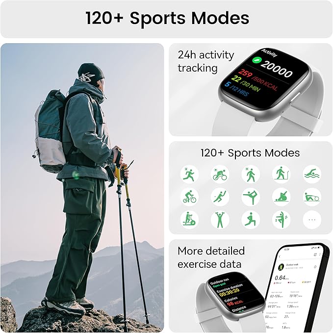 Smart Watch with Alexa Built-in, 1.83" HD Touchscreen Fitness Tracker with Bluetooth Calling, Fitness Watch with Heart Rate/Sleep Monitor/120+ Sports, IP68 Waterproof Smartwatch for Android iOS, Grey