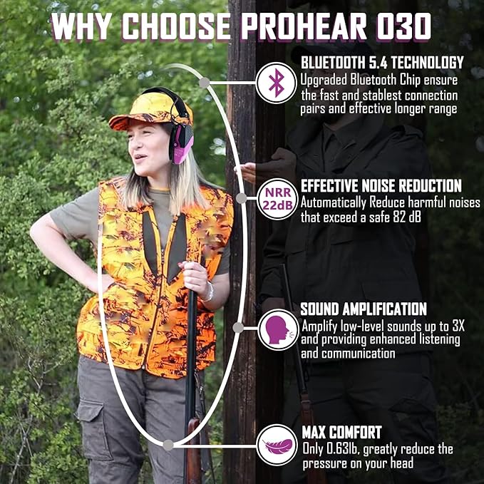 PROHEAR 030 Bluetooth 5.4 Electronic Shooting Ear Protection Earmuffs, Noise Reduction Sound Amplification Hearing Protector for Gun Range and Hunting - Pink