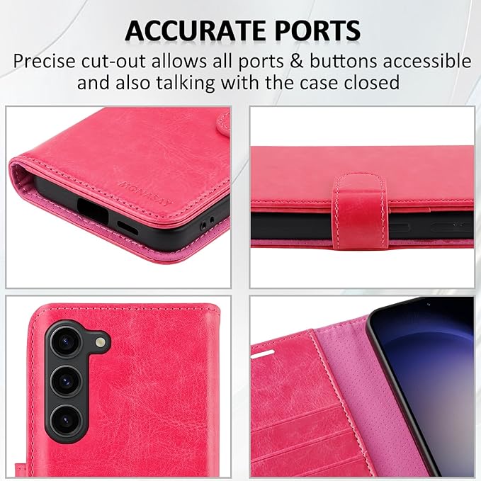 MONASAY Wallet Case Compatible for Galaxy S23 5G,[RFID Blocking] Flip Folio Leather Cell Phone Cover with Credit Card Holder, 6.1 inch, Hot-Pink