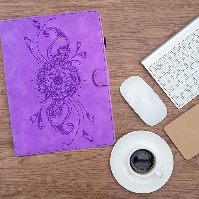 Mandala Flower Case Compatible with Galaxy Tab A9+ Plus 11 Inch 2024 2023 (SM-X210/X216/X218), Cute Elegant Embossed Suede Leather Folio Stand Case Protective Cover with Auto Wake/Sleep, Purple