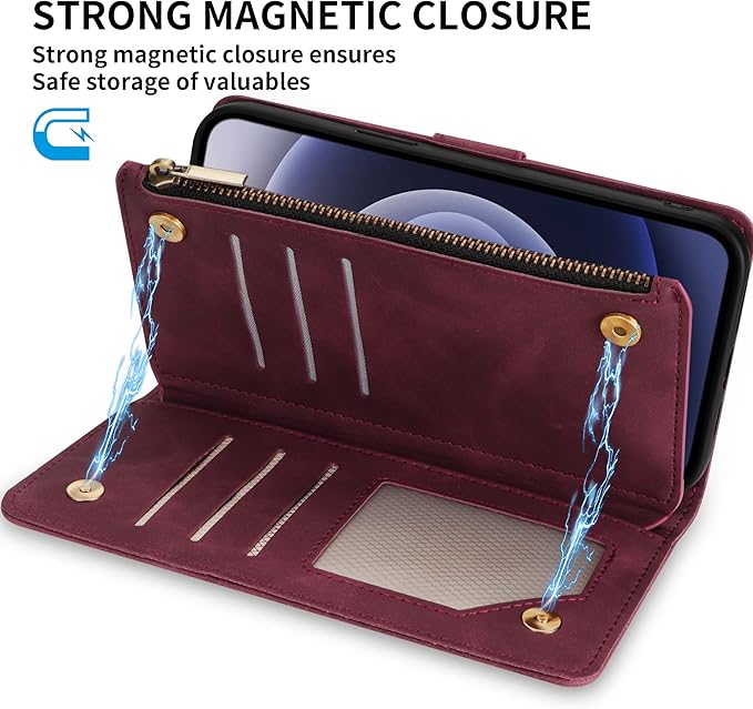 ZZXX for iPhone 12 Pro Wallet Case with Card Slot Premium Soft PU Leather Zipper Folio with Wrist Strap Kickstand Protective for iPhone 12 (Wine Red 6.1 inch)