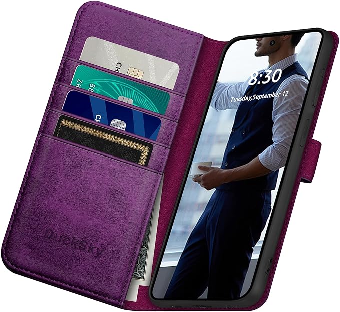 Compatible with Samsung Galaxy S25 Genuine Leather Wallet case【RFID Blocking】【4 Credit Card Holder】【Real Leather】 Flip Folio Book Phone case Cover Women Men for Samsung S25 case Purple