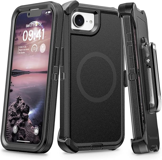 for iPhone 16e Case with Belt Clip Holster, Anti-Shock, Anti-Slip, Compatible with MagSafe, 3-Layer Drop Protection, Heavy Duty Magnetic Phone Case Cover for 16e, 6.1", Black