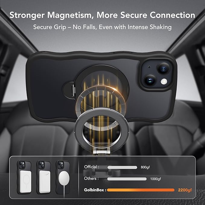 for iPhone 13 Case & iPhone 14 Case for Women,[Compatible with Magsafe][360° Spin Magnetic Stand][Cute Wave Edge][Military-Grade Protection]Translucent Matte Phone case for iPhone 13/14, Black