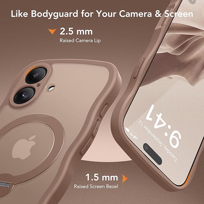 GolbinBox for iPhone 16 Case, [Compatible with Magsafe][360° Spin Magnetic Stand][Military-Grade Protection][Camera Control][Cute Wave Edge] Translucent Matte Women Phone Cover for iPhone 16, Brown