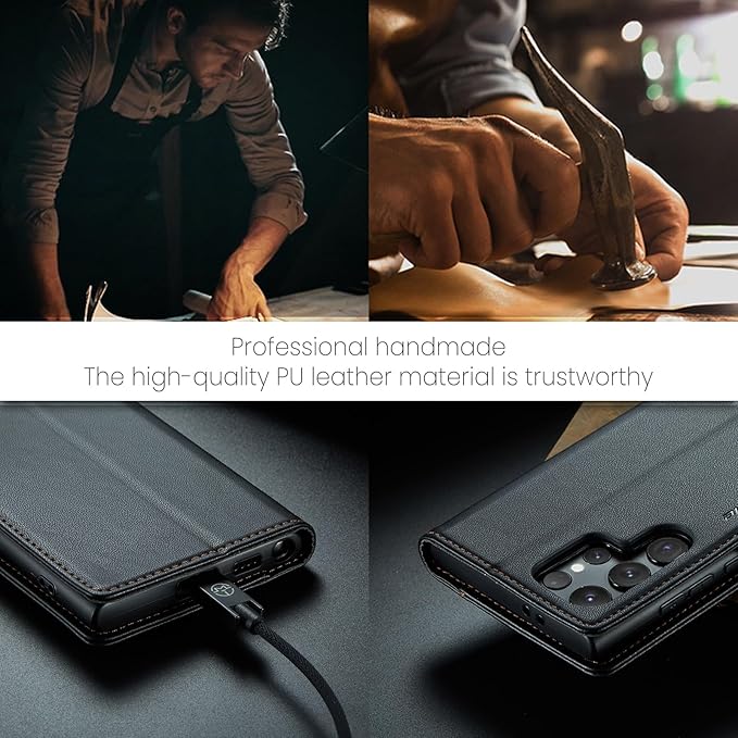 AUPAI for Samsung Galaxy S25 Ultra Wallet Case with Credit Card Holder, PU Leather RFID Blocking Folio Flip Kickstand Magnetic Clasp Protective Phone Cover for Women Men Black