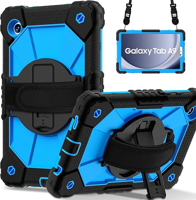 for Samsung Galaxy Tab A9 Case 8.7 inch SM-X110 X115 X117, Heavy Duty Shockproof Silicone Cover Rugged 360 Stand Hand Shoulder Strap for Galaxy A9 Tablet, Black/Blue