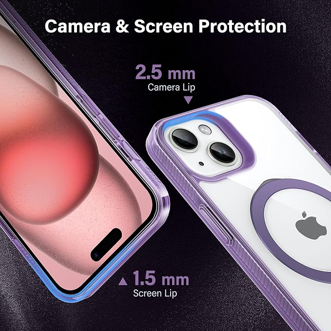 Magnetic Case for iPhone 15 - [Built-in Invisible Stand] [Compatible with MagSafe] [Military Grade Drop Protection] Anti-Yellowing Hard Back Silicone Edge Cover, 6.1", Clear Purple
