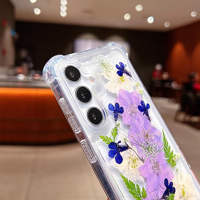 Compatible with Samsung Galaxy S25 Case Cute Pressed Dried Real Flowers Design Women Girly Shockproof Soft TPU Floral Clear Phone Cover for Galaxy S25 (Purple Flower)
