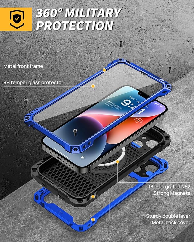 Lanhiem Magnetic for iPhone 14 Metal Case, [Built-in Camera Kickstand & Glass Screen Protector] Heavy Duty Shockproof Full Body Rugged Protective Magsafe Cover for iPhone 14 6.1" (Blue)