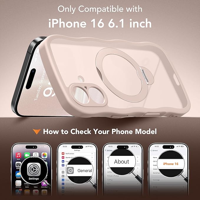 for iPhone 16 Case, [Compatible with Magsafe][360° Spin Magnetic Stand][Military-Grade Protection][Camera Control][Cute Wave Edge] Translucent Matte Women Phone Cover for iPhone 16, Rose Gold