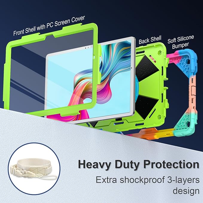 for Galaxy Tab A9 Plus Case 11 Inch, Rugged Case for Samsung Galaxy A9+ Tablet with Screen Protector 360 Rotating Stand Shoulder Strap Pen Holder, 2023 Model(SM-X210/X216/218), Rainbow Green