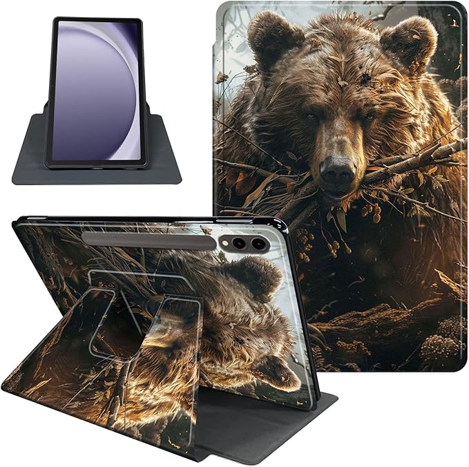 Case for 12.4 inch Galaxy Tab S10 Plus Case (2024), Galaxy Tab S9 Plus Case (2023), 360 Degree Rotating Folio Stand Smart PU Leather Cover, Auto Sleep/Wake, Brown Bear