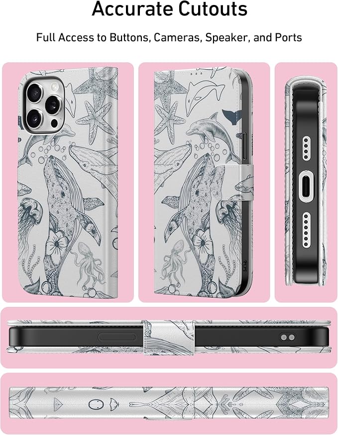 DEENAKIN for iPhone 15 Pro Wallet Case with Card Holder + Cash Clip, RFID-Blocking, Military-Grade Drop Protection, Magnetic Closure with Leather Kickstand - Dynamic Marine Life