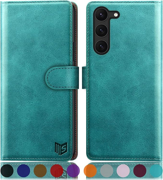SUANPOT for Samsung Galaxy S23 5G Wallet case with RFID Blocking Credit Card Holder,Flip Book PU Leather Protective Cover Women Men for Samsung S23 Phone case Blue Green