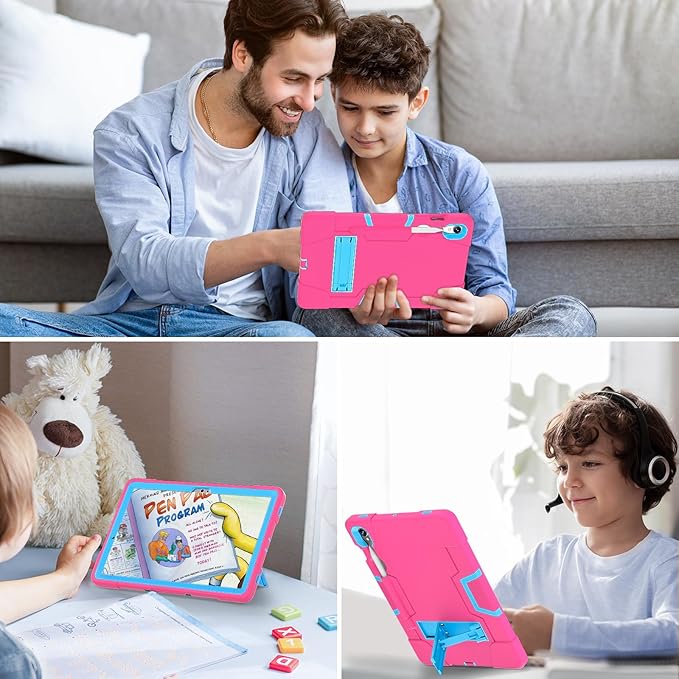 case for Galaxy Tablet S9 FE & S9 2023 (SM-X710/X718U/X716B/X510/X516B), Soft Silicone & Hard Pc 3-Layer Military Protector Cover for Tab S10 FE/S8/S7 with S-Pen Holder Stand Rose Red+Blue