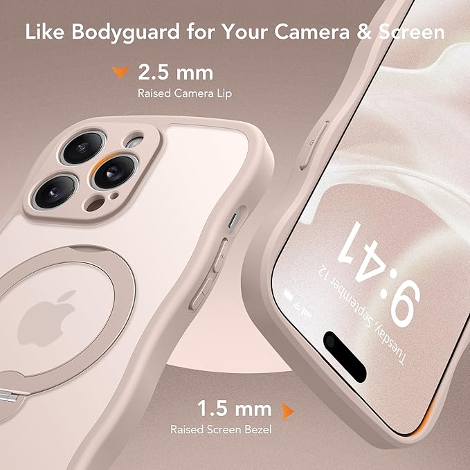for iPhone 14 Pro Case for Women,[Compatible with Magsafe][360° Spin Magnetic Stand][Cute Wave Edge][Military-Grade Protection] Translucent Matte Phone Case for iPhone 14 Pro, Rose Gold