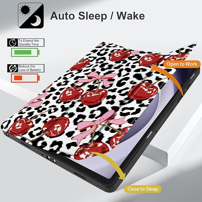 MEEgoodo Case for Samsung Galaxy Tab A9 Plus 11 inch Cover 2024 2023 with S Pen Holder, A9+ Smart Tablet Cases with Leather Trifold Stand+Soft TPU Back Shell+Smart Auto Wake/Sleep, Leopard & Cherry