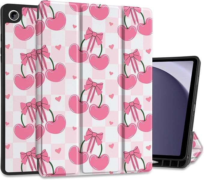MEEgoodo Case for Samsung Galaxy Tab A9 Plus 11 inch Cover 2024 2023 with S Pen Holder,A9+ Smart Tablet Cases with Leather Trifold Stand+Soft TPU Back Shell+Smart Auto Wake/Sleep,Pink Cherries & Bows