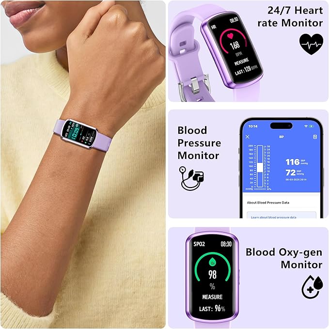 Health Fitness Tracker, Smart Watch with 24/7 Heart Rate and Blood Pressure Monitor, Activity Tracker with Blood Oxygen, 120 Sport Mode Waterproof Sleep Tracker for Women Men (Purple)