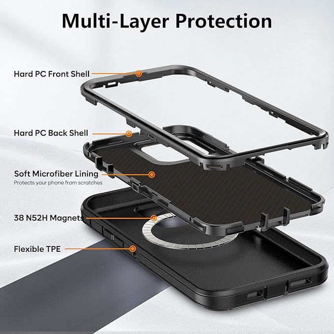 for iPhone 13 Pro Max & 12 Pro Max Case with Belt Clip Holster, Anti-Shock, Anti-Slip, Compatible with MagSafe, 3-Layer Drop Protection, Heavy Duty Magnetic Phone Case Cover, 6.7", Black