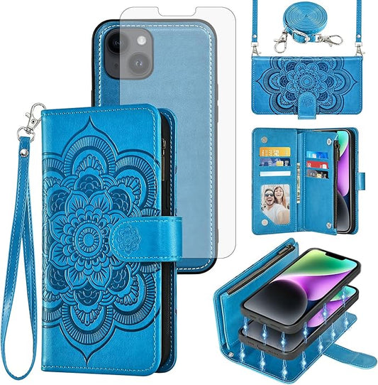 Asuwish Phone Case for iPhone 14 6.1 inch Zipper Wallet Detachable Cell Cover with Tempered Glass Screen Protector Crossbody Strap Flower Card Holder iPhone14 5G i i-Phone i14 14Case Women Girls Blue