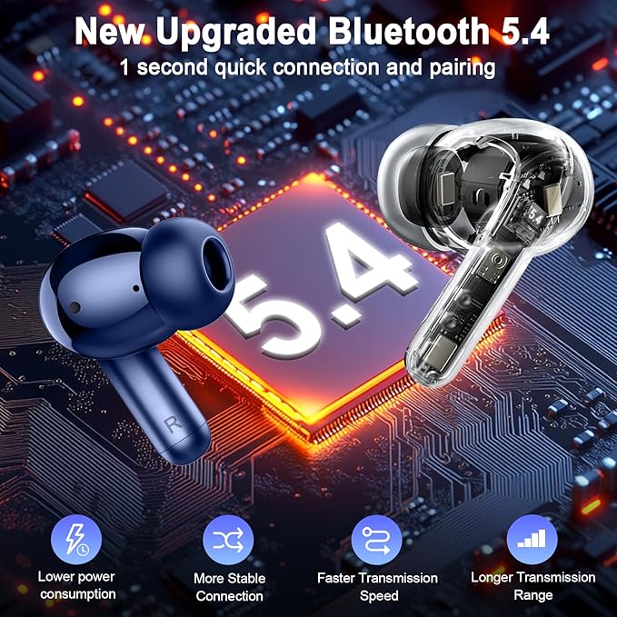 Wireless Earbuds, 2025 Bluetooth 5.4 Headphone 3D Stereo Bass Ear Bud, 4 ENC Noise Cancelling Mic, 40+Hrs USB-C in-Ear Earphone, IP-X7 Waterproof Headset Sport Workout Gym for Laptop Pad Android iOS