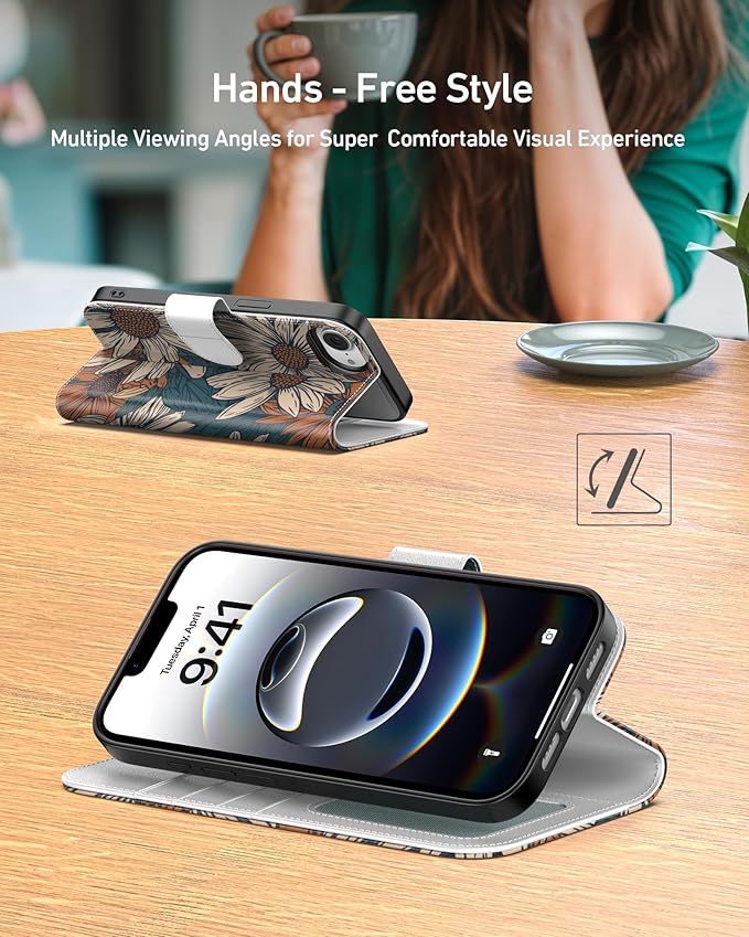 DEENAKIN for iPhone 16e Wallet Case with Card Holder + Cash Clip, RFID-Blocking, Military-Grade Drop Protection, Magnetic Closure with Leather Kickstand - Floral Daisy Pattern