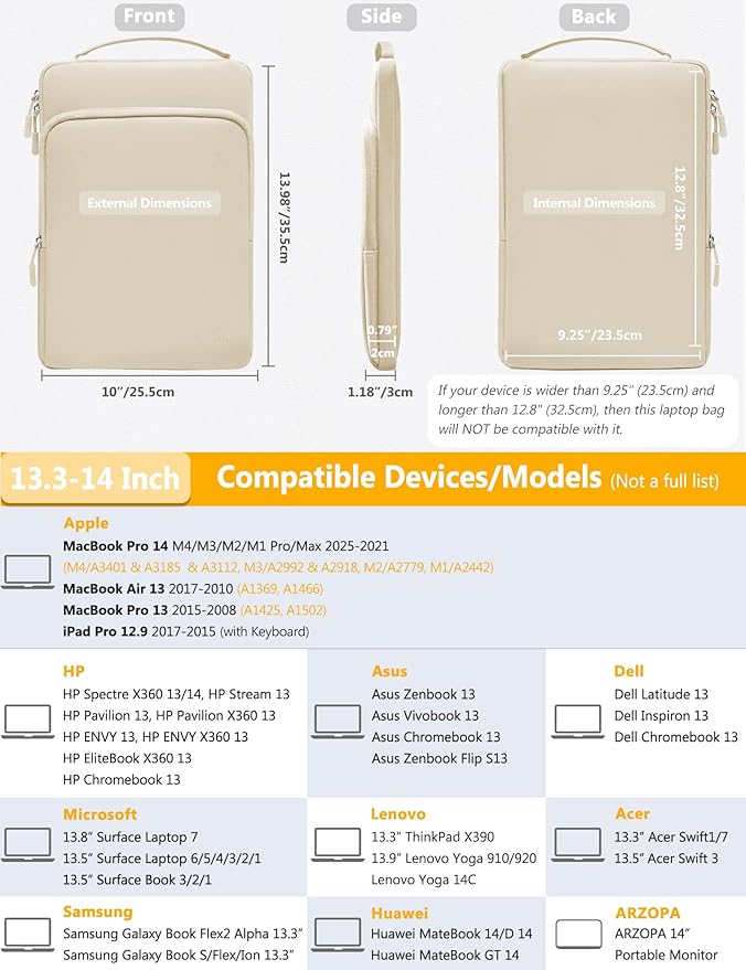 HYZUO 13.3-14 Inch Laptop Bag Sleeve for MacBook Pro 14 M4 M3 M2 M1, MacBook Air/Pro 13.3, 13.8"/13.5" Surface Laptop/Book, Notebook Case for 13" Dell Lenovo ThinkPad HP Asus Acer, Sand