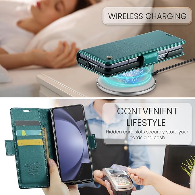 for Samsung Galaxy Z Fold 5 Case, Premium PU Leather Wallet Case Flip Cover with [RFID Blocking][Card Holder][Stand Function] Shockproof Protective for Samsung Galaxy Z Fold 5, Blue-Green