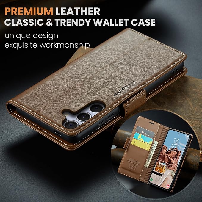 for Samsung Galaxy S25 Case, Premium PU Leather Wallet Case Flip Cover with [RFID Blocking][Card Holder][Stand Function] Shockproof Protective for Samsung Galaxy S25, Brown