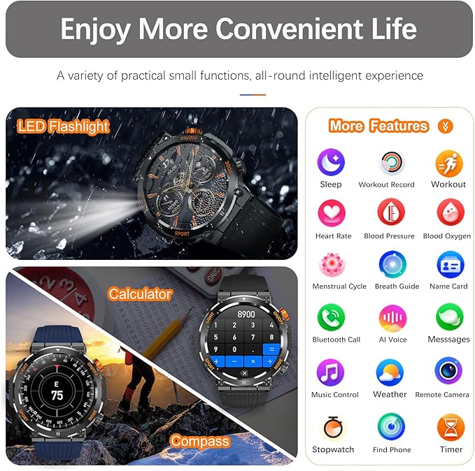 Military Smart Watch for Men Answer/Make Call, Outdoor Waterproof Tactical Sports Smartwatch with LED Flashlight Compass, Heart Rate Sleep Monitor Fitness Tracker Watches for iPhone Android Phone