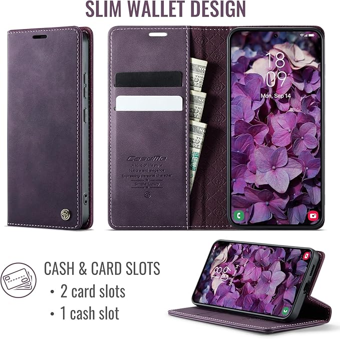 Wallet Case for Samsung Galaxy S22 Leather Wallet Flip Cover with Card Holder, Kickstand, Magnetic Closure, RFID Blocking TPU Shockproof Phone Case Compatible with S22, Purple
