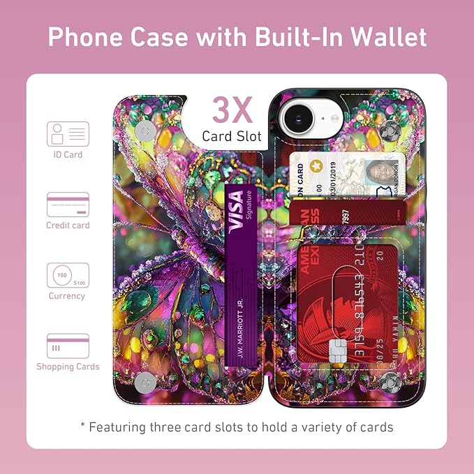 FUNMIKO for iPhone 16e Wallet Case with Card Holder, RFID-Blocking, Military-Grade Protection & UV-Printed Artwork, Magnetic Closure with Leather Kickstand - Vibrant Elegant Butterfly