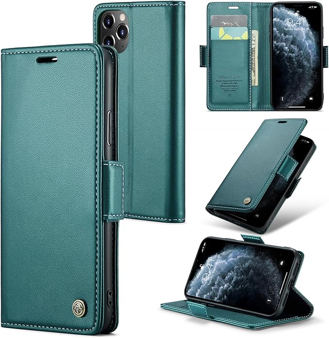 for iPhone 11 Pro Case, Premium PU Leather Wallet Case Flip Cover with [RFID Blocking][Card Holder][Stand Function] Shockproof Protective for iPhone 11 Pro 5.8", Blue-Green