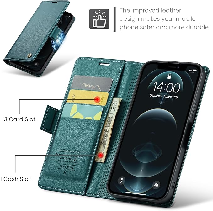 for iPhone 12 Pro Max Case, Premium PU Leather Wallet Case Flip Cover with [RFID Blocking][Card Holder][Stand Function] Shockproof Protective for iPhone 12 Pro Max, Blue-Green