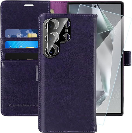 MONASAY Wallet Case Fit for Samsung Galaxy S24 Ultra 5G，[Lens & Glass Screen Protector] [RFID Blocking] Flip Folio Leather Cell Phone Cover with Credit Card Holder, 6.8 inch, Purple