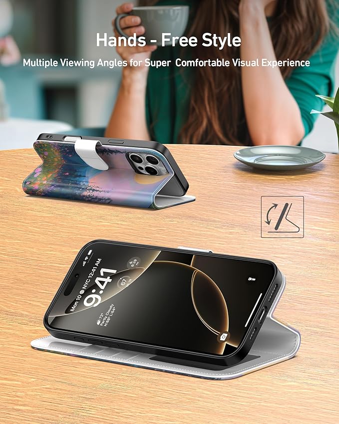 DEENAKIN for iPhone 16 Pro Wallet Case with Card Holder + Cash Clip, RFID-Blocking, Military-Grade Drop Protection, Magnetic Closure with Leather Kickstand - Mountain Blossom Glow