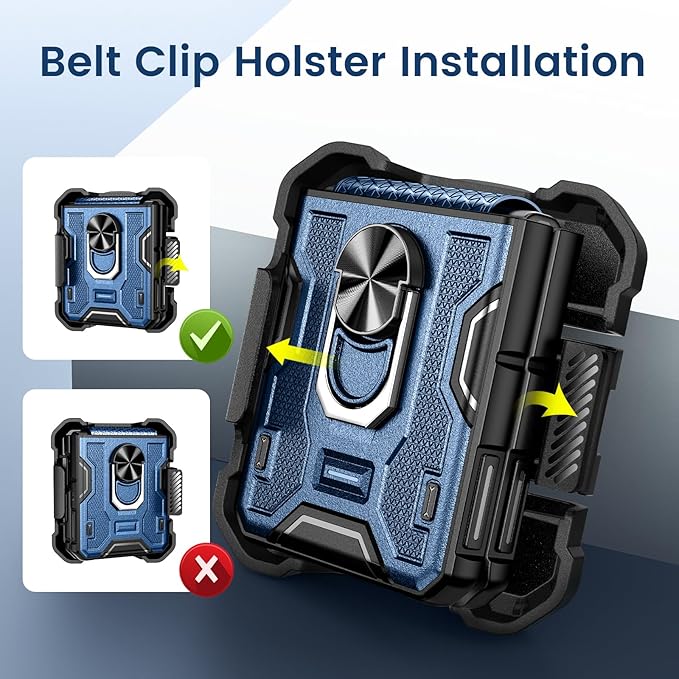 VEGO for Samsung Flip 5 Case with Belt Clip Holster, Hinge Protection with 360°Ring Magnetic Kickstand & Camera Screen Protector Heavy Duty Protective Armor Cover - Blue