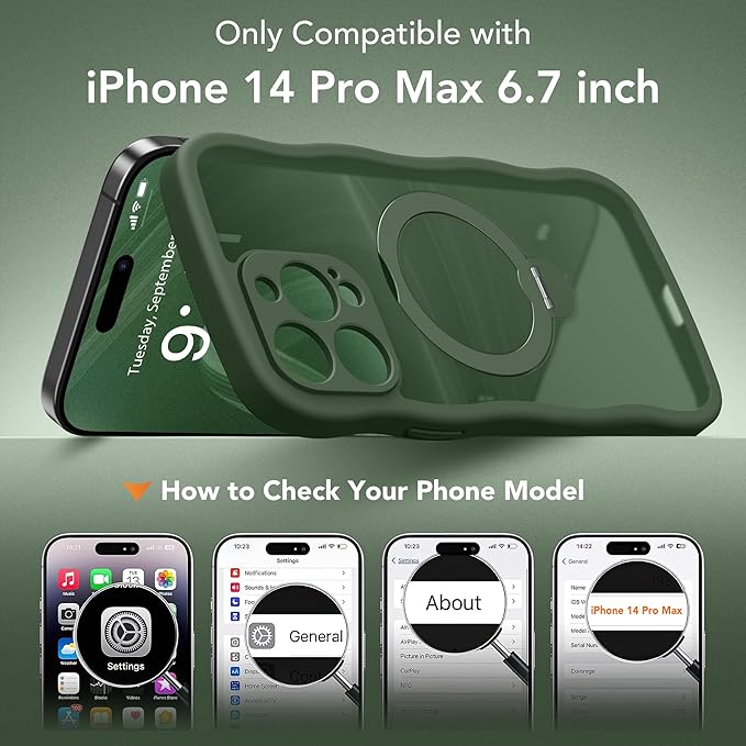GolbinBox for iPhone 14 Pro Max Case for Women,[Compatible with Magsafe][360° Spin Magnetic Stand][Cute Wave Edge][Military-Grade Protection] Translucent Matte Phone Case for iPhone 14 ProMax, Green